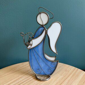 Stained Glass Angel Figurine With Harp Blue White Metal Accents 9" Tall